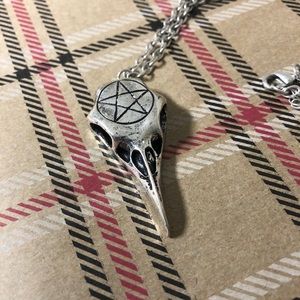 Silver pentagram bird skull necklace